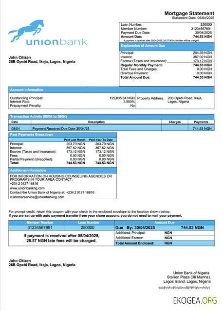 Modèle Word et PDF de relevé hypothécaire de la Nigeria Union Bank of Nigeria
